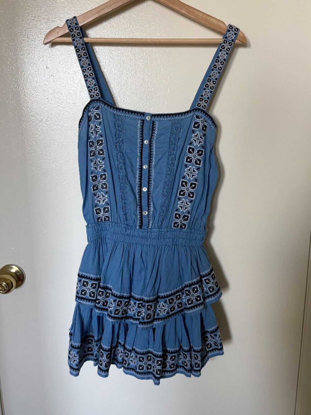 LoveShackFancy Anna Blue Embroidered Tiered Skirt Mini Dress S